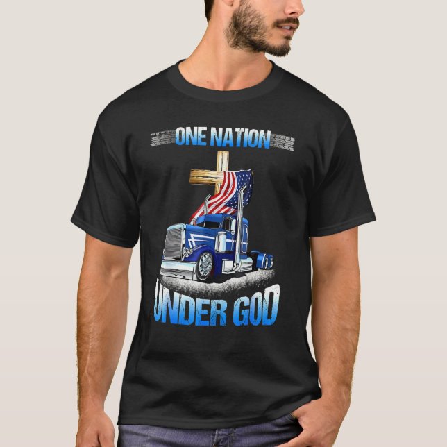 One Nation Under God Jesus Cross Usa Flag Truck Ch T-Shirt (Front)