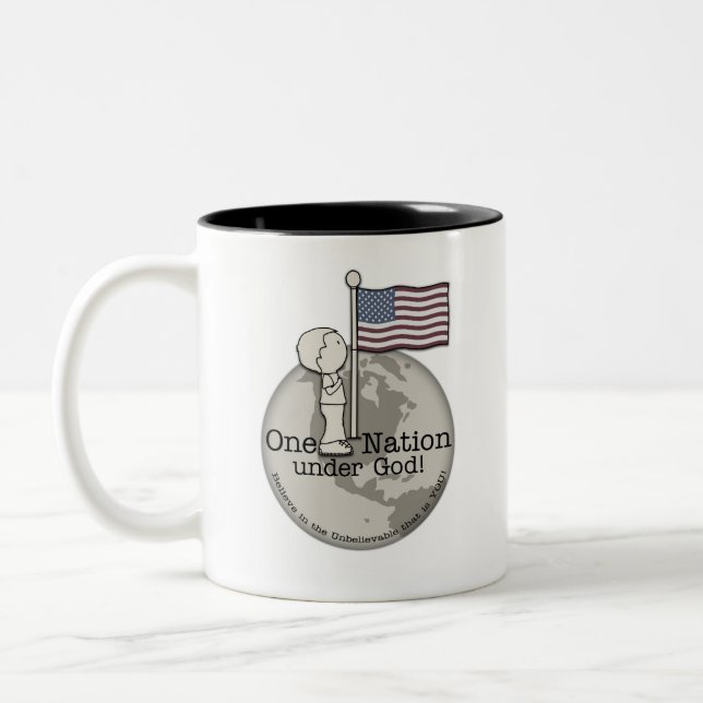 One Nation Under God-Little Boy at US Flag Two-Tone Coffee Mug (Left)