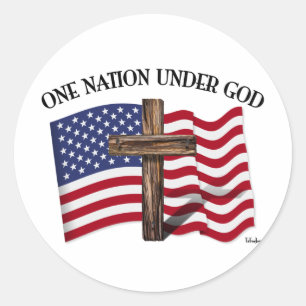 One Nation Under God with rugged cross and US flag Classic Round Sticker