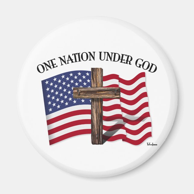 One Nation Under God with rugged cross and US flag Magnet (Front)