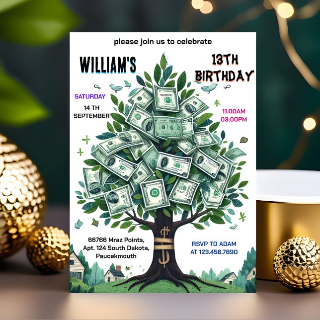 One Nature Cool Cash Only Money Tree 13th Birthday Invitation (Creator Uploaded)