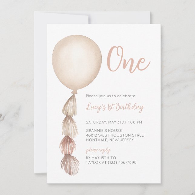 One Neutral Boho Balloon First Birthday Invitation (Front)