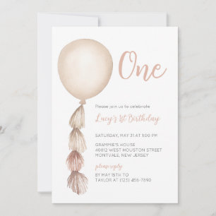 One Neutral Boho Balloon First Birthday Invitation