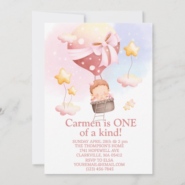 One of a kind hot air balloon first birthday  invitation (Front)