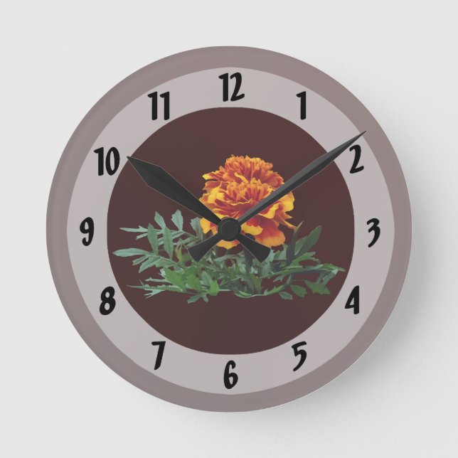 One Orange Marigold with Yellow Tips Round Clock (Front)