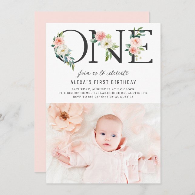 ONE Peach Florals First Birthday Photo Invitation (Front/Back)