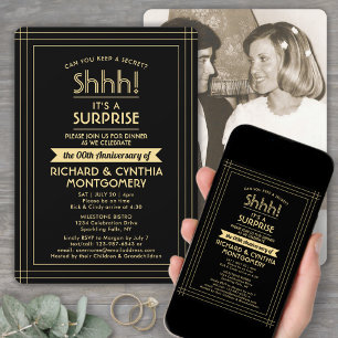 One Photo Anniversary Surprise Party Black & Gold Invitation
