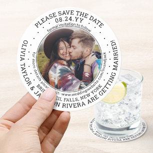 One Photo Black White Modern Wedding Save the Date Round Paper Coaster