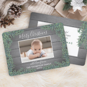One Photo Christmas Greenery & Rustic Grey Wood Holiday Card