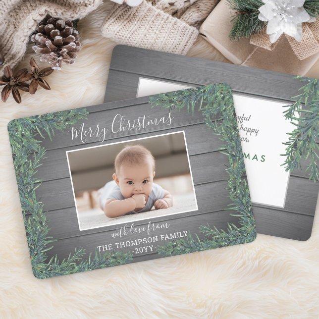 One Photo Christmas Greenery & Rustic Grey Wood Holiday Card (Creator Uploaded)