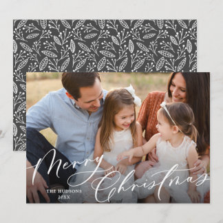 One Photo Elegant White Script Merry Christmas Holiday Card