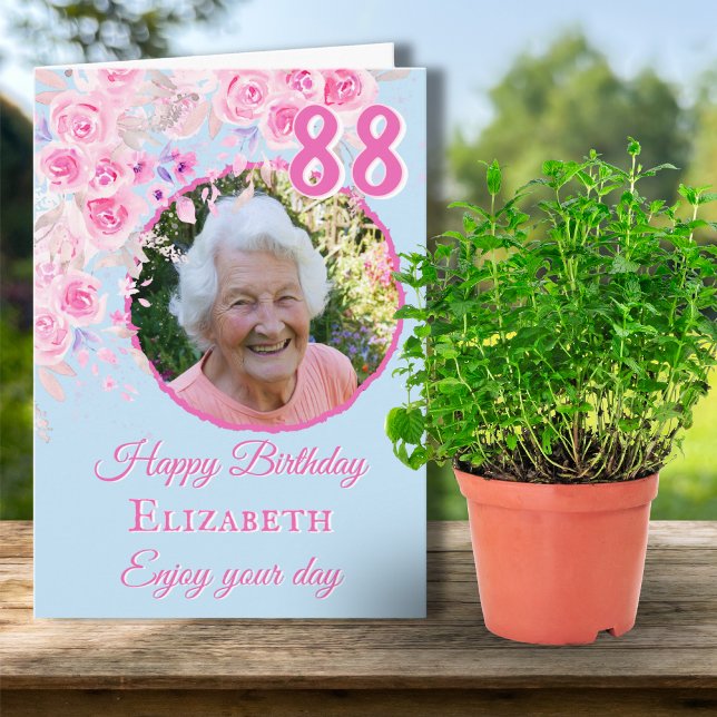 One Photo Floral 88th Birthday Card (Creator Uploaded)