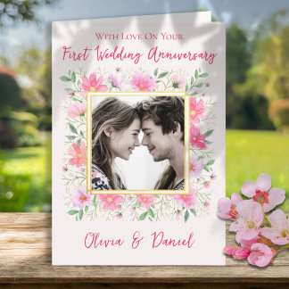 One Photo Floral First Wedding Anniversary Card