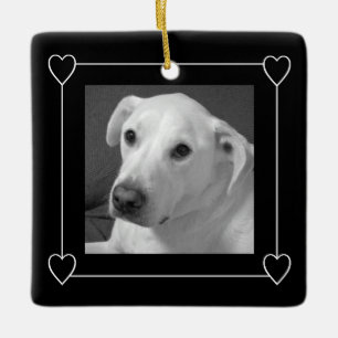 One Photo Heart Frame Black and White Dog Ceramic Ornament
