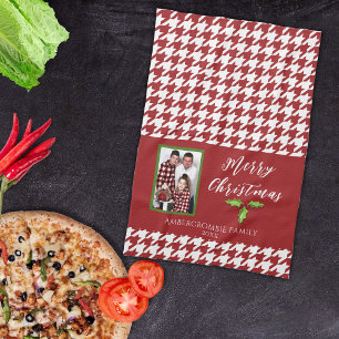 One Photo Holiday Red and White Houndstooth Tea Towel