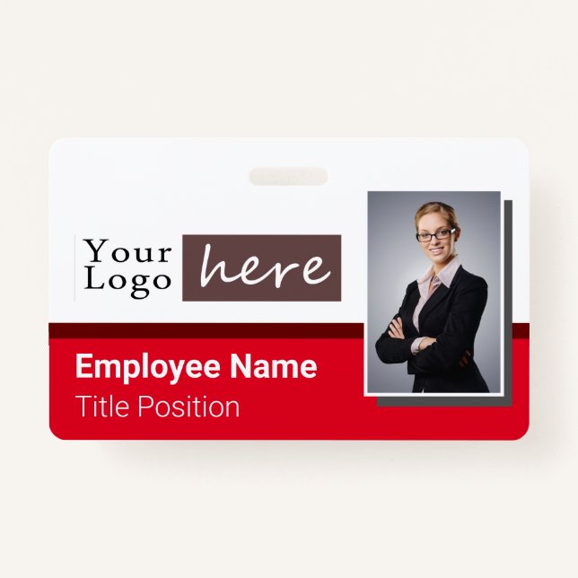 One Photo Horizontal Style Logo Red Employee Name ID Badge (Front)