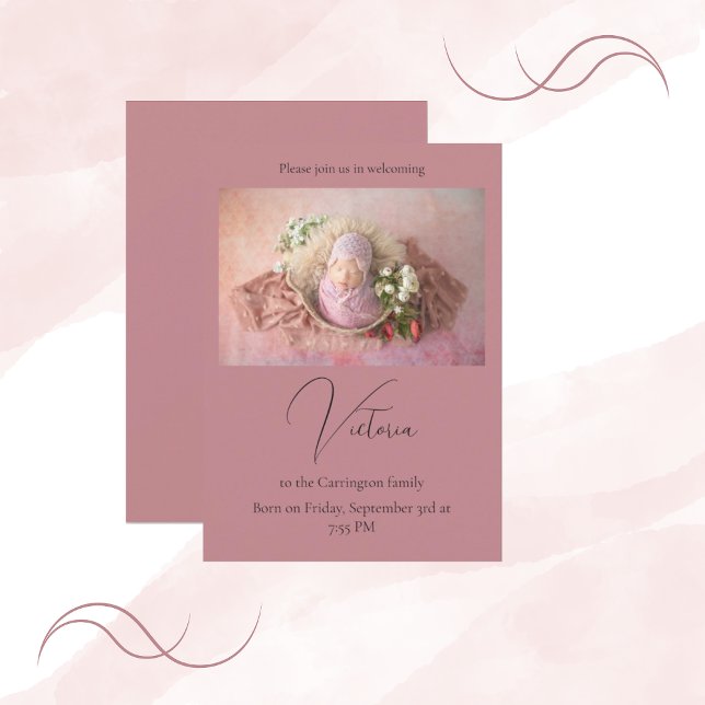 One Photo Mauve Baby Birth Announcement Card (Creator Uploaded)