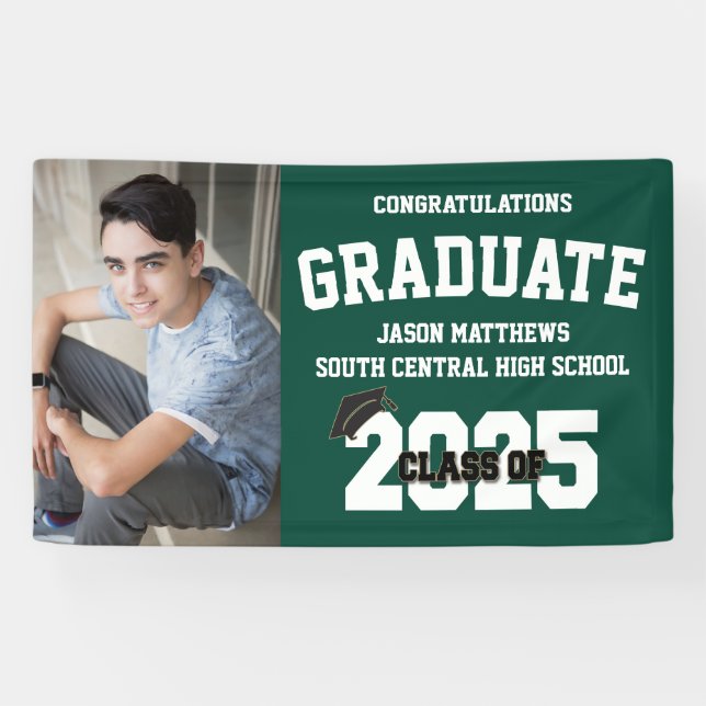 One Photo Medium Green Graduation Banner (Horizontal)