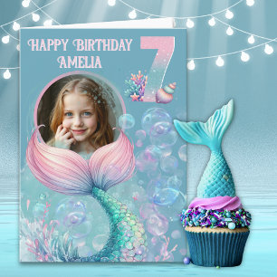 One Photo Mermaid Tail 7th Birthday Card