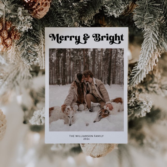 One Photo Minimal Retro Christmas Holiday Card (Merry & Bright Retro Simple Photo Christmas Card)
