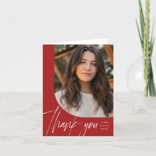One photo modern red brush script graduation thank you card