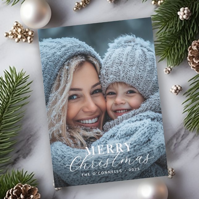 One Photo Modern Script Merry Christmas Holiday Card (Available in printed or digital formats!)