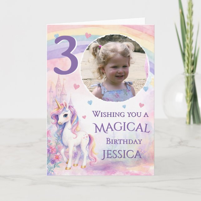 One Photo Unicorn 3rd Birthday Card (Front)