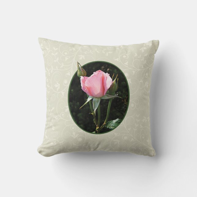 One Pink Rosebud Cushion (Front)