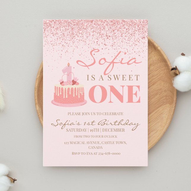 One Pink Sparkle Glitter Sweet 1st Birthday Party Invitation (Creator Uploaded)