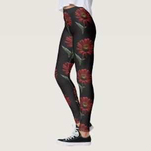 One Red Daisy On Black Left Side, Leggings