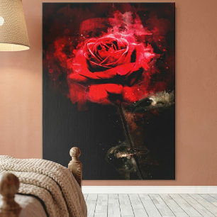 One Red Rose Watercolor on Black Background Canvas Print