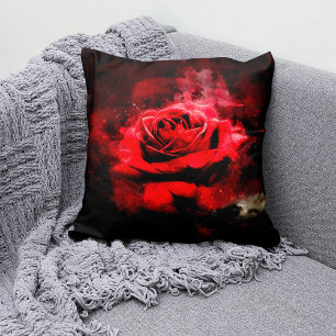 One Red Rose Watercolor on Black Background Cushion