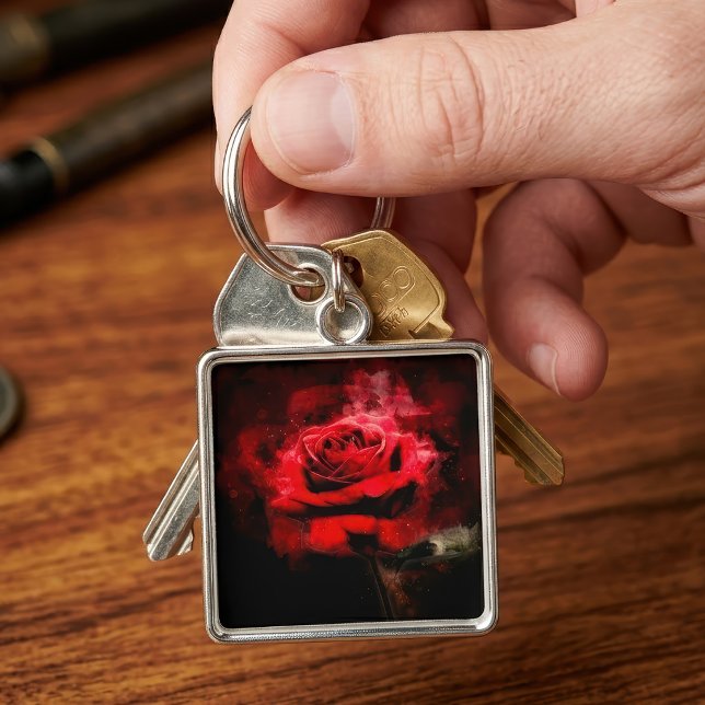 One Red Rose Watercolor on Black Background Key Ring (One Red Rose Watercolor on Black Background. Keychain)