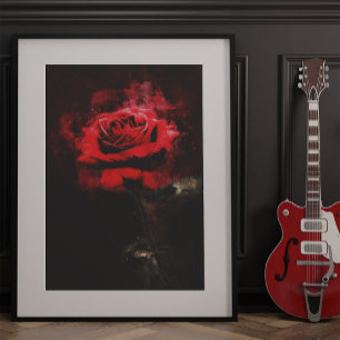 One Red Rose Watercolor on Black Background Photo Print