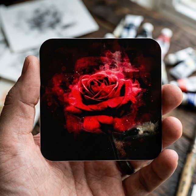 One Red Rose Watercolor on Black Background Square Sticker (One Red Rose Watercolor on Black Background. Square Sticker)