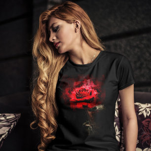 One Red Rose Watercolor on Black Background T-Shirt