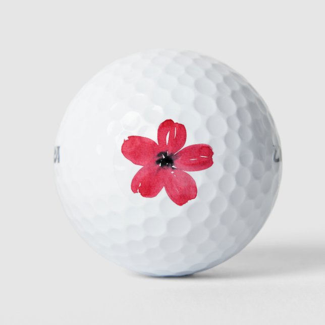 One Red Watercolor Five Petal Flower Golf Balls (Front)