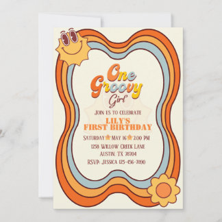 One Retro Groovy 70s Rainbow First Birthday Invitation