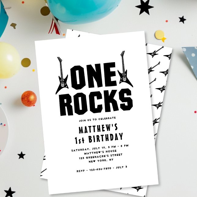 One Rocks Black and White Guitar 1st Birthday  Invitation (Creator Uploaded)