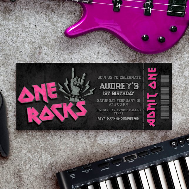 One Rocks - Girl 1st Birthday Ticket Invitation (One Rocks - Girl 1st Birthday Ticket Invitation)