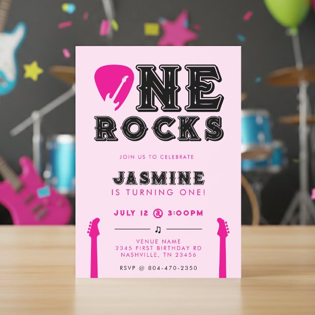 One Rocks Guitar Pick Pink 1st Birthday Party Invitation (Creator Uploaded)