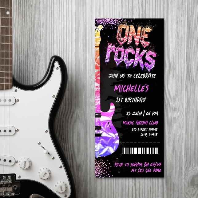 One Rocks Music Themed Concert Ticket Birthday Invitation (PINK GLITTER ELCRTICAL GUITAR ROCK CONCERT TICKET INVITATION)