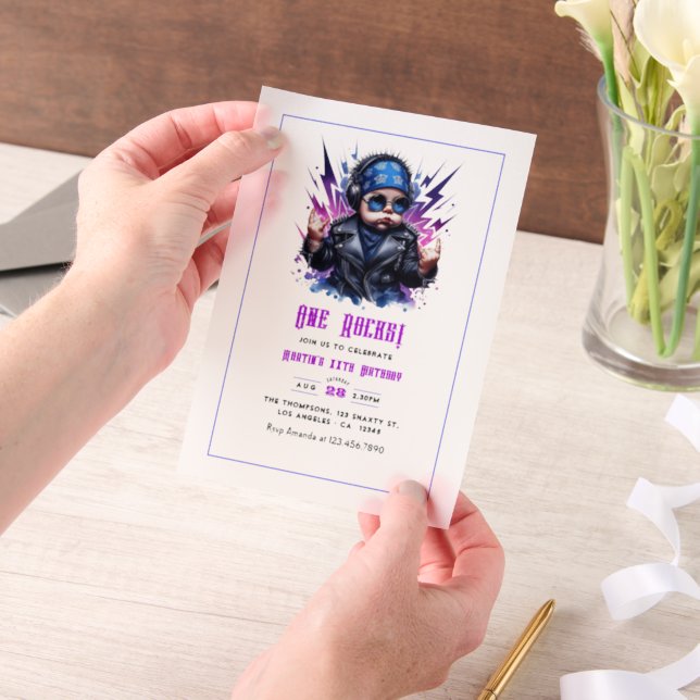 "One Rocks!" Rock Star 1st Birthday Photo Vellum Invitations (Handheld)