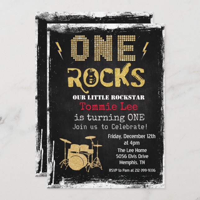 One Rocks Rockstar Drumset 1st Birthday Invitation (Front/Back)
