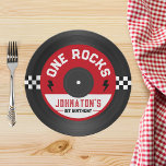 One Rocks Vinyl Record Rock n Roll 1st Birthday Paper Plate<br><div class="desc">Introducing our "One Rocks" Vinyl Record Paper Plates – the perfect addition to your little rocker's 1st birthday celebration! These unique plates add a musical twist to the party and bring a sense of nostalgia to your event. Step into the world of music and fun with our "One Rocks" vinyl...</div>