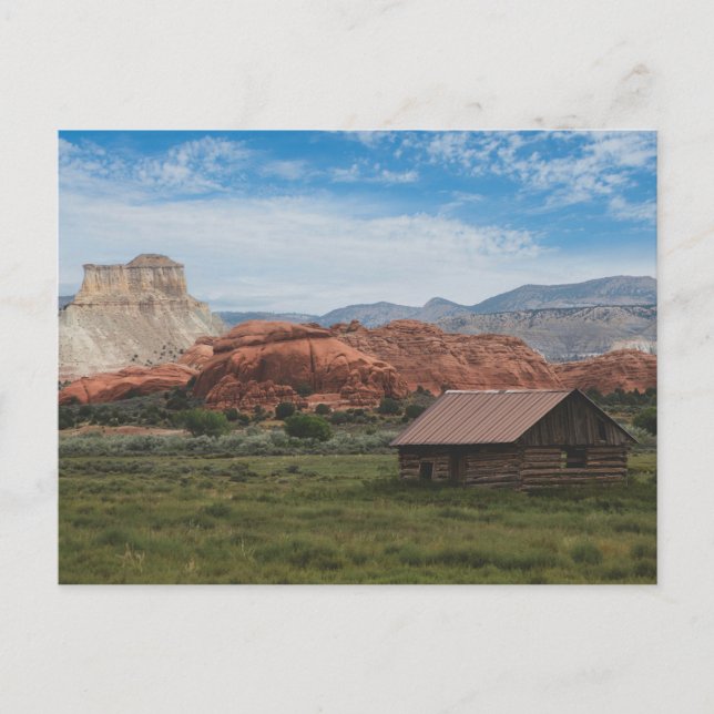 One room log cabin with sandstone hills postcard (Front)