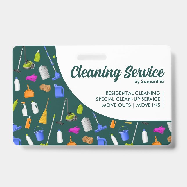 one side Green Modern House Cleaning Service ID Badge (Front)