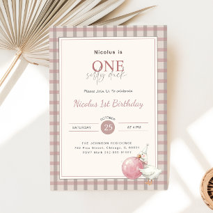 One Silly Duck Pink Bow Baby 1st Birthday Party Invitation