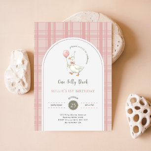One Silly Duck Pink Bow Gingham 1st Birthday Party Invitation