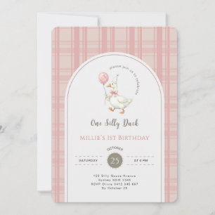 One Silly Duck Pink Bow Gingham 1st Birthday Party Invitation
